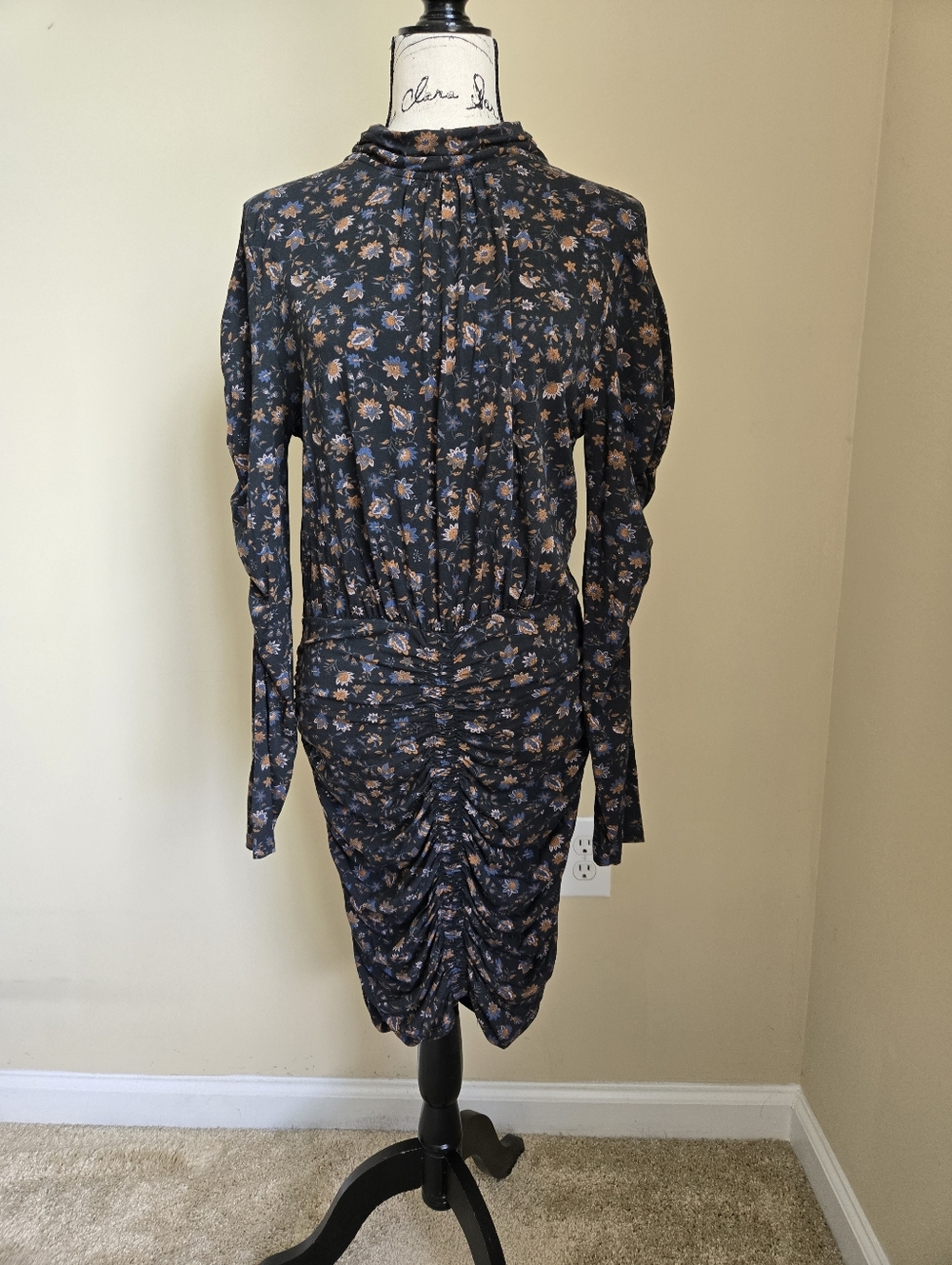 Evereve Floral Dress Womens L Mock Neck Ruched Long Sleeve Stretch